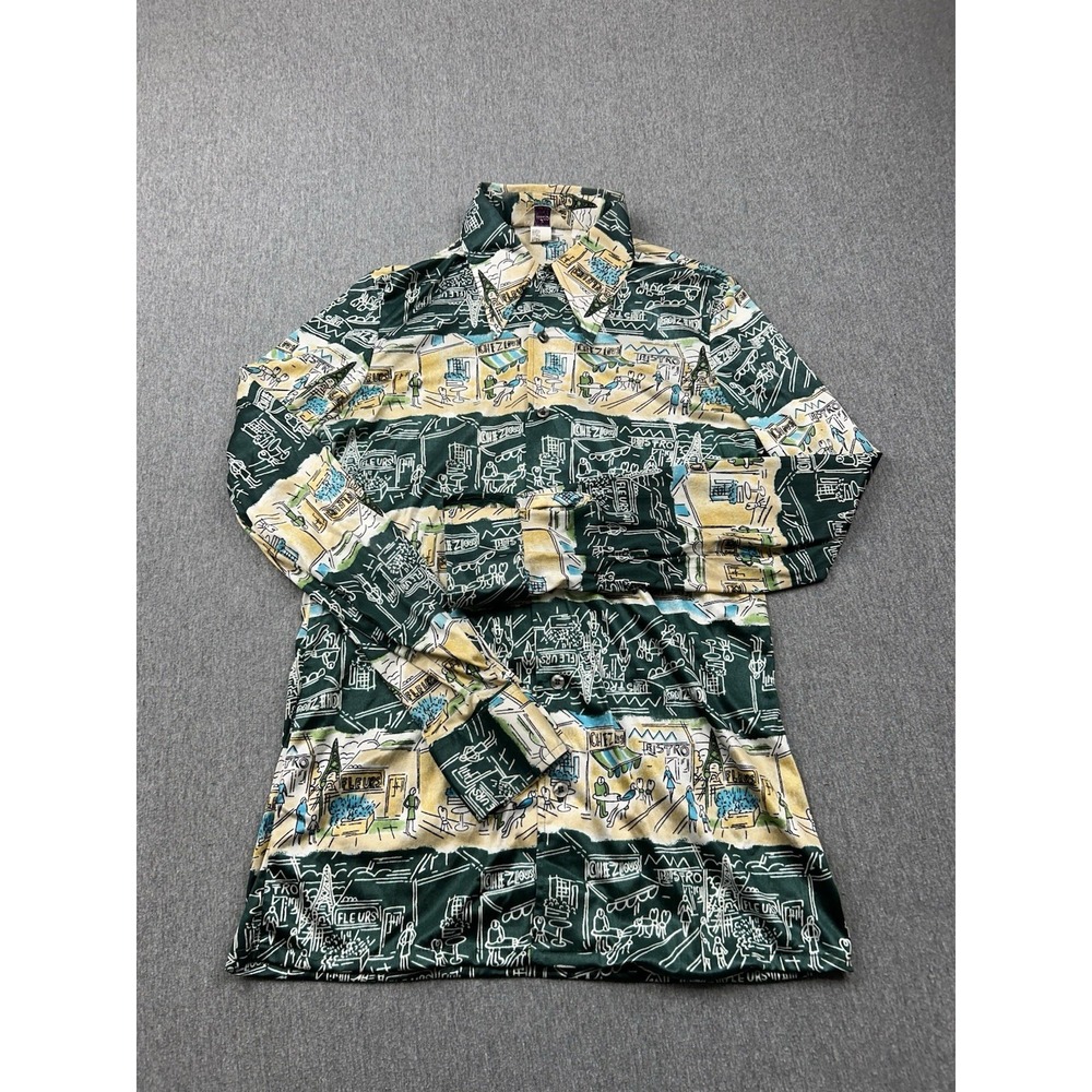 Vintage Hutspah Button Up Shirt Mens‎ Medium Green Yellow French Bistro Nylon